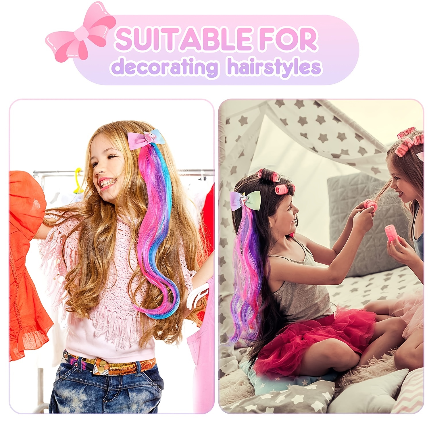 Colored hair extensions for kids 6Pcs Colored Hair Extensions Bow