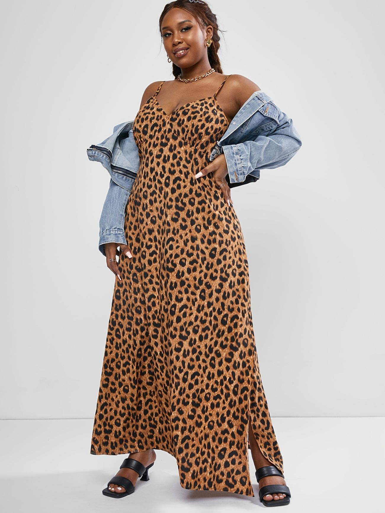 Plus Size Leopard Print Notched Strapless Split Dress, Women's Split Hem  Cami V Neck Sexy Long Dress Maxi Dress - Temu