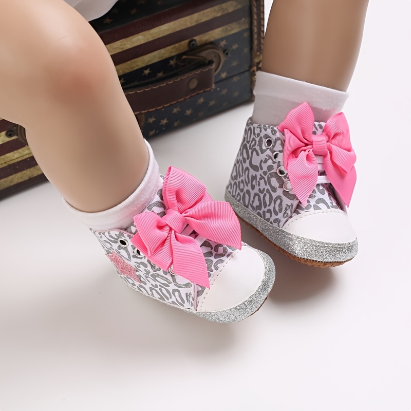 Girls Leopard Print Star Bow Design Canvas Shoes Soft soled Temu