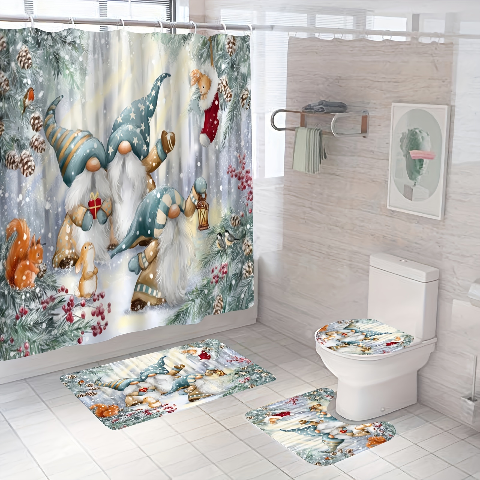 Funny Word Gnome Bee Flower Shower Curtain Set Rustic Board for Bathroom  Decor