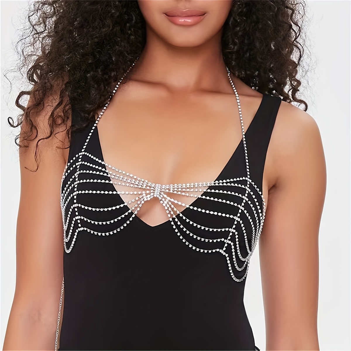 Shiny Full Rhinestone Bra Chains Women Luxury Crystal Body Chain Chest  Necklace