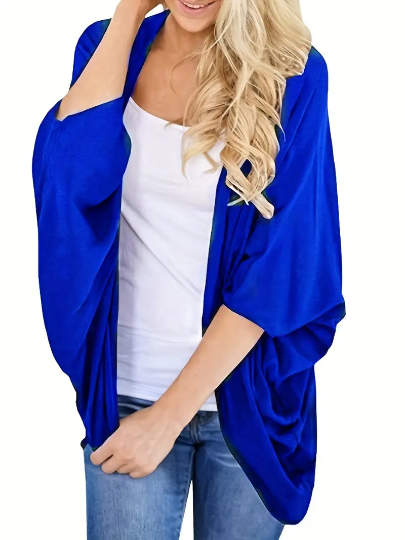 Solid Open Front Cardigan Casual Half Batwing Sleeve Sweater - Temu