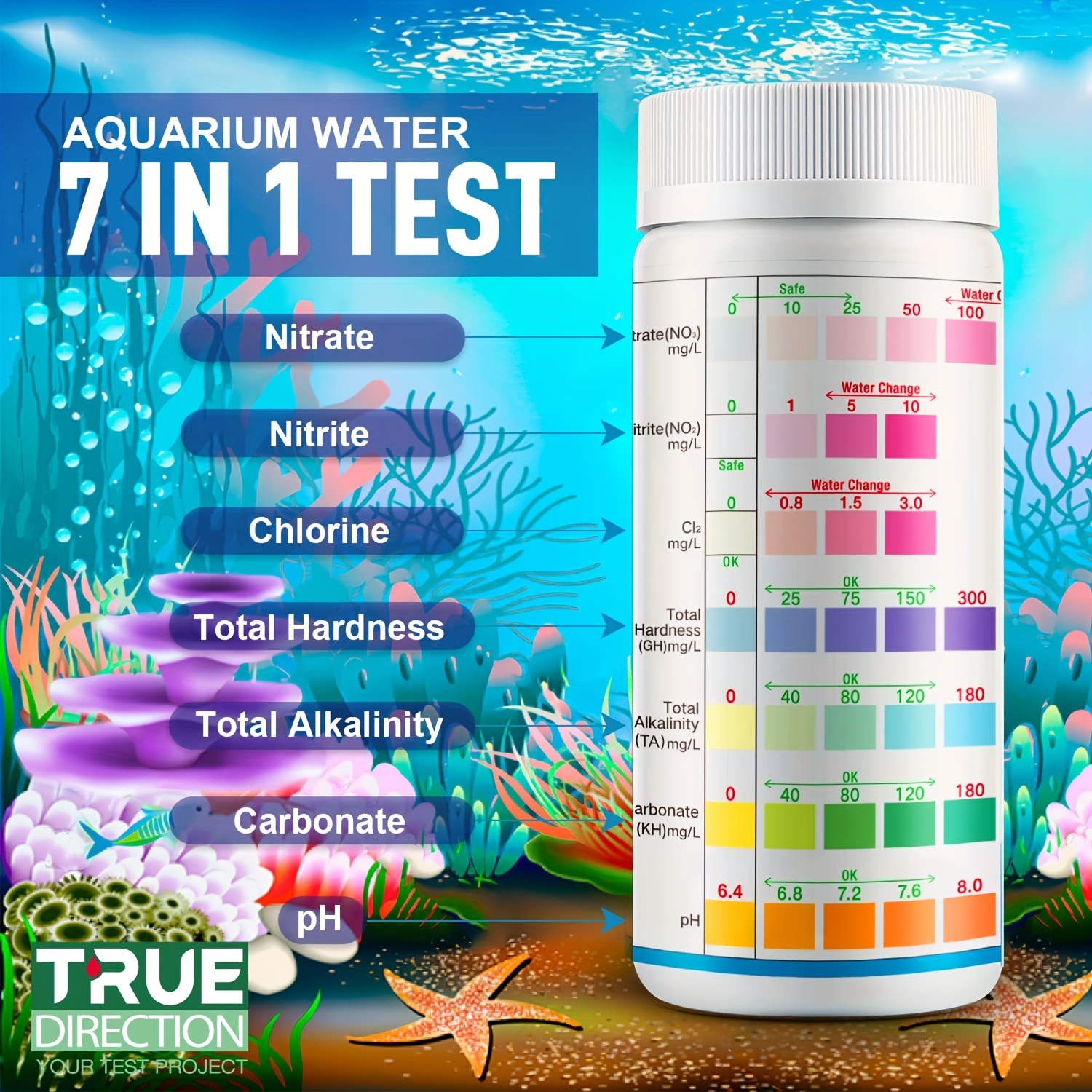 7 in 1 Aquarium Test Strips, Fish Tank Test Kit,Freshwater Saltwater  Aquarium Water Test Kit to Detect pH Nitrite Nitrate Chlorine Carbonate  Hardness (GH & KH)-100 Strips 