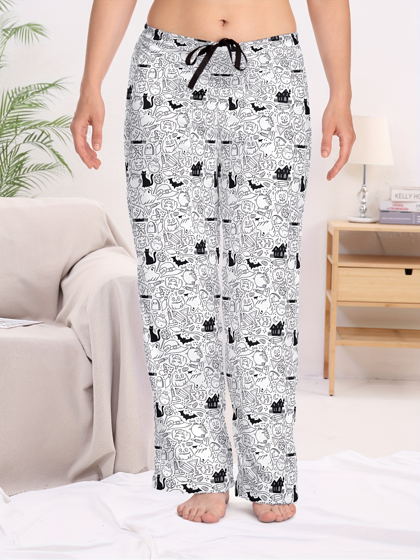 Crepe Ladies Trousers Double Cotton Pajamas Pants Casual Simple Women  Casual Soft Sleep Bottoms Elastic Waist Print Sleepwear