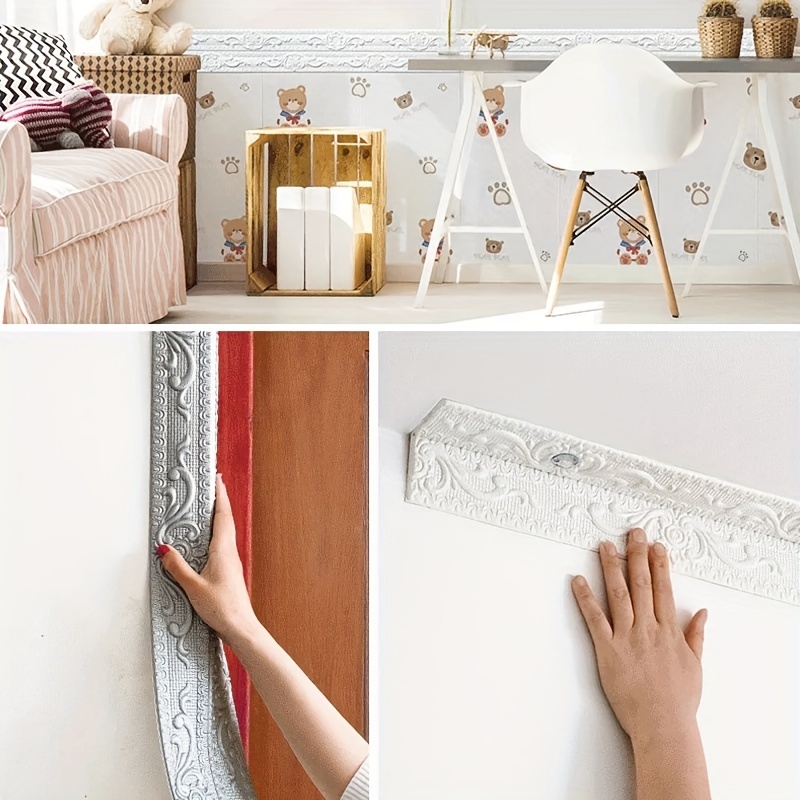 TSV 3D Self-Adhesive Waterproof Wallpaper Border Peel and Stick Foam Molding Trims Baseboard Wall Corner Line Stickers Vintage Wall Stickers for