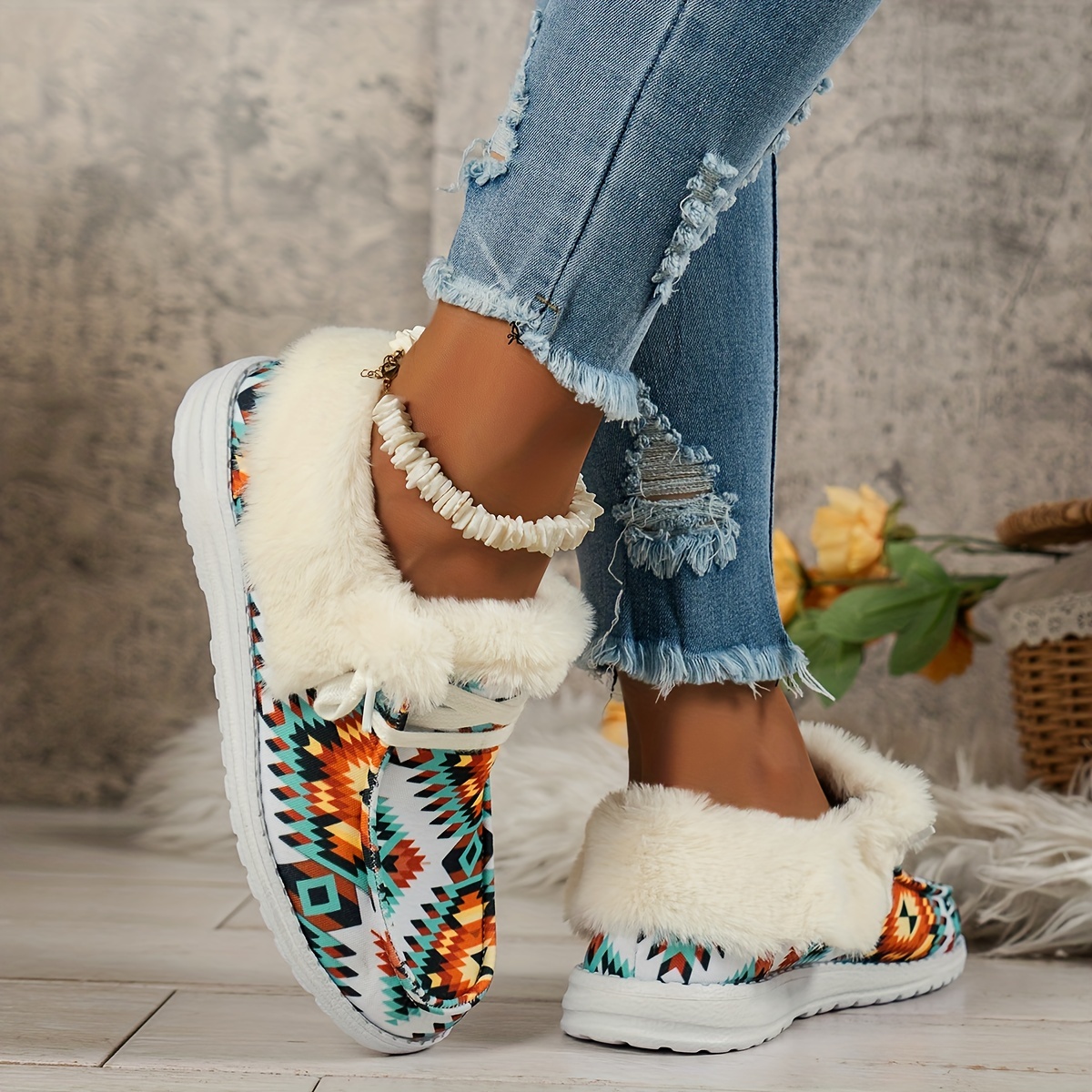 Women s Geometric Pattern Canvas Shoes Casual Lace Plush Temu