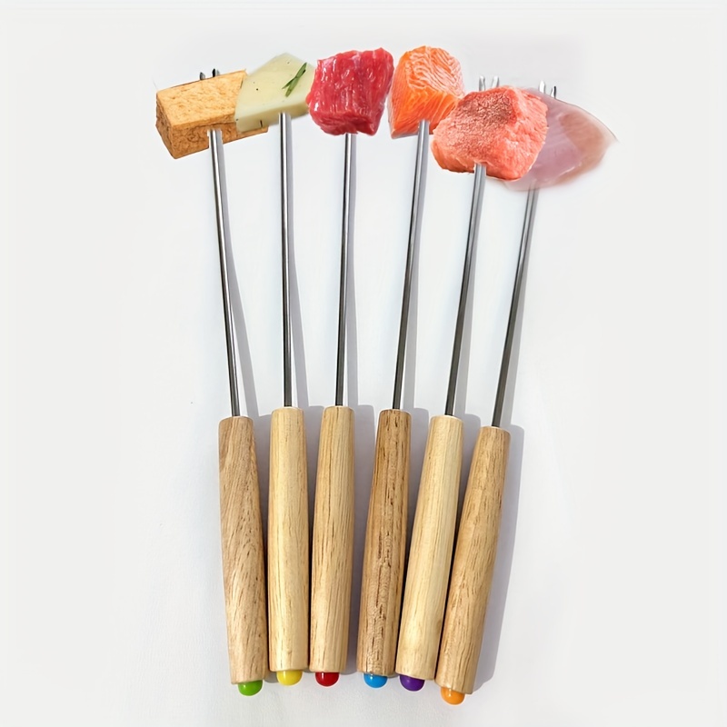 6pcs Barbecue Forks, Marshmallow Roasting Sticks, Multi-color Smoke Sticks,  Wooden Handle Hot Dog Forks, 10in, Marshmallow Roasting Sticks Grill Acces