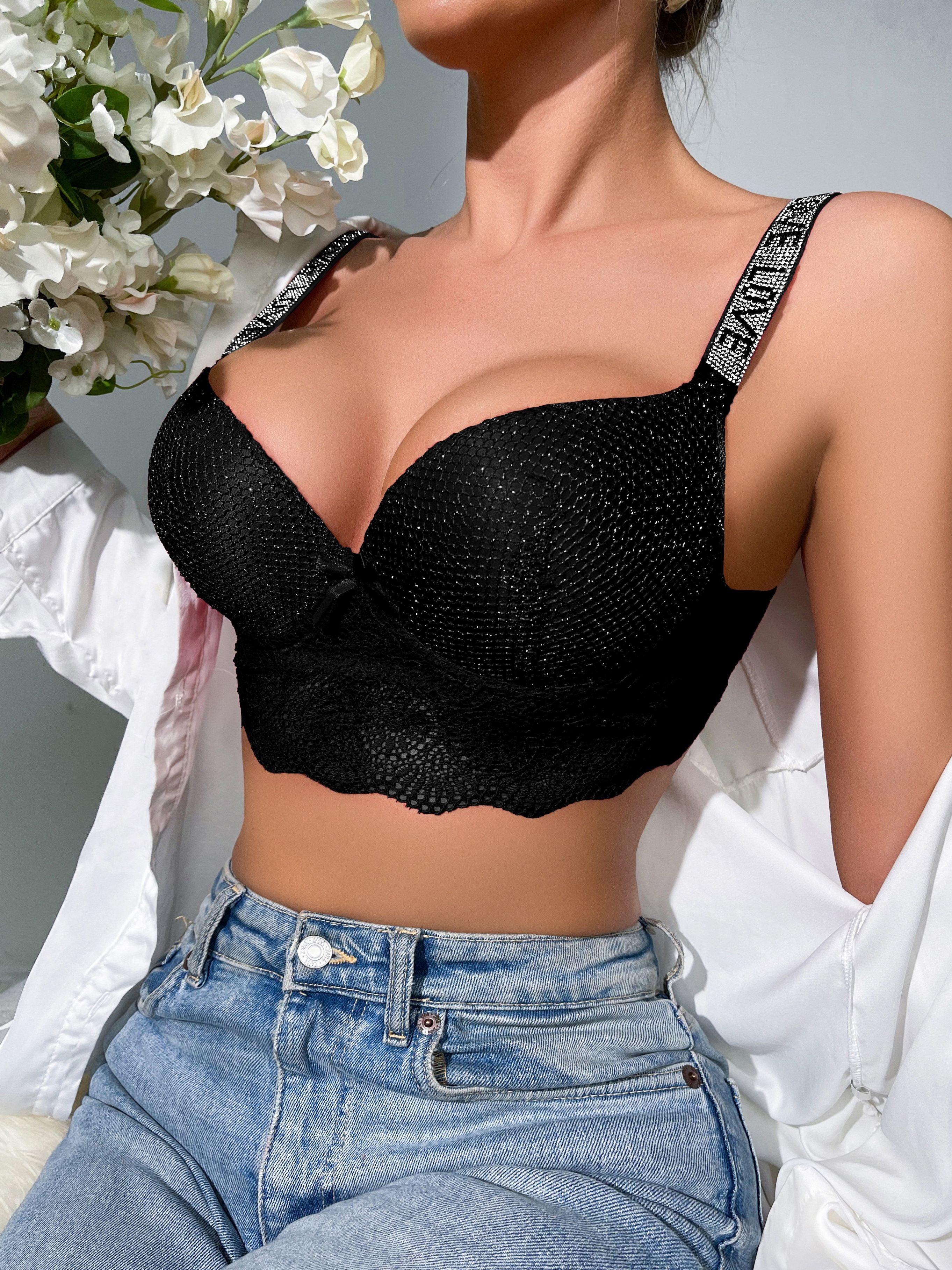 Women's Sexy Push Up Bra With Rhinestone Strap, Lace Edge, And