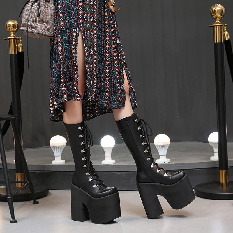womens y2k side zip platform boots black pointed toe lace - Temu