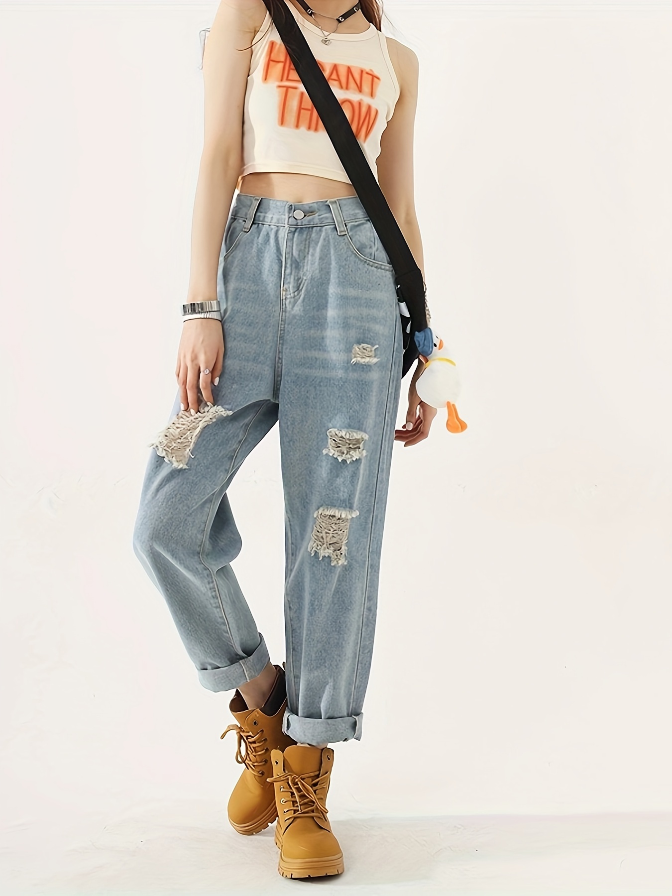 Roll Hem Ripped Hole Straight Jeans Fashion Y2k Distressed - Temu