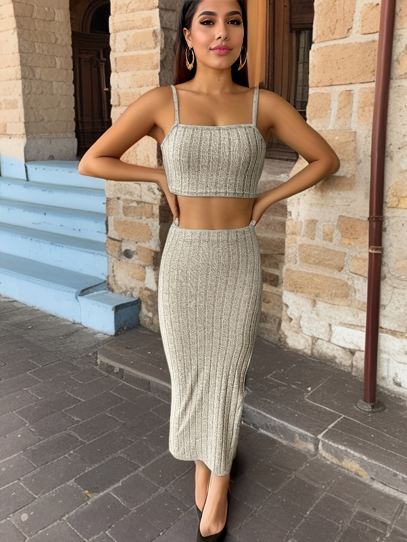 Ribbed Casual Two piece Set Cropped Cami Top Split High - Temu Canada