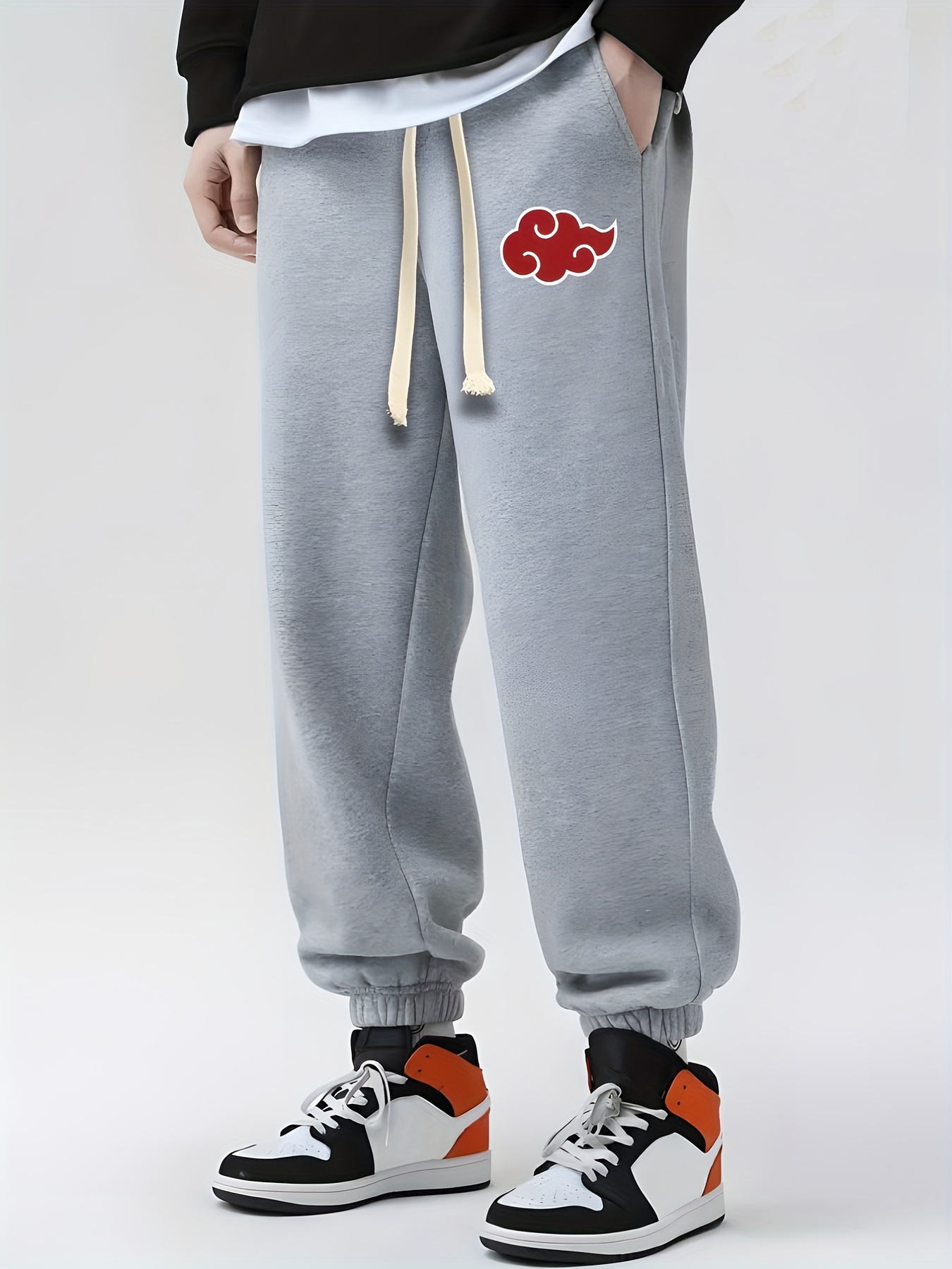 Anime Cloud Print Drawstring Sweatpants Loose Fit Pants Men Spring Autumn