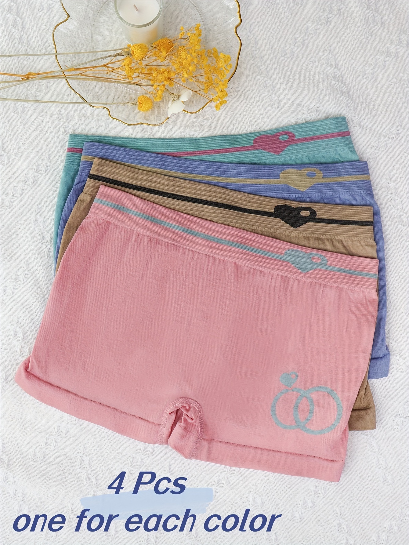 4 Pcs Cute Boyshort Panty, Heart Letter Print High Stretch Quick Dry  Intimates Boxer Shorts, Women's Lingerie & Underwear