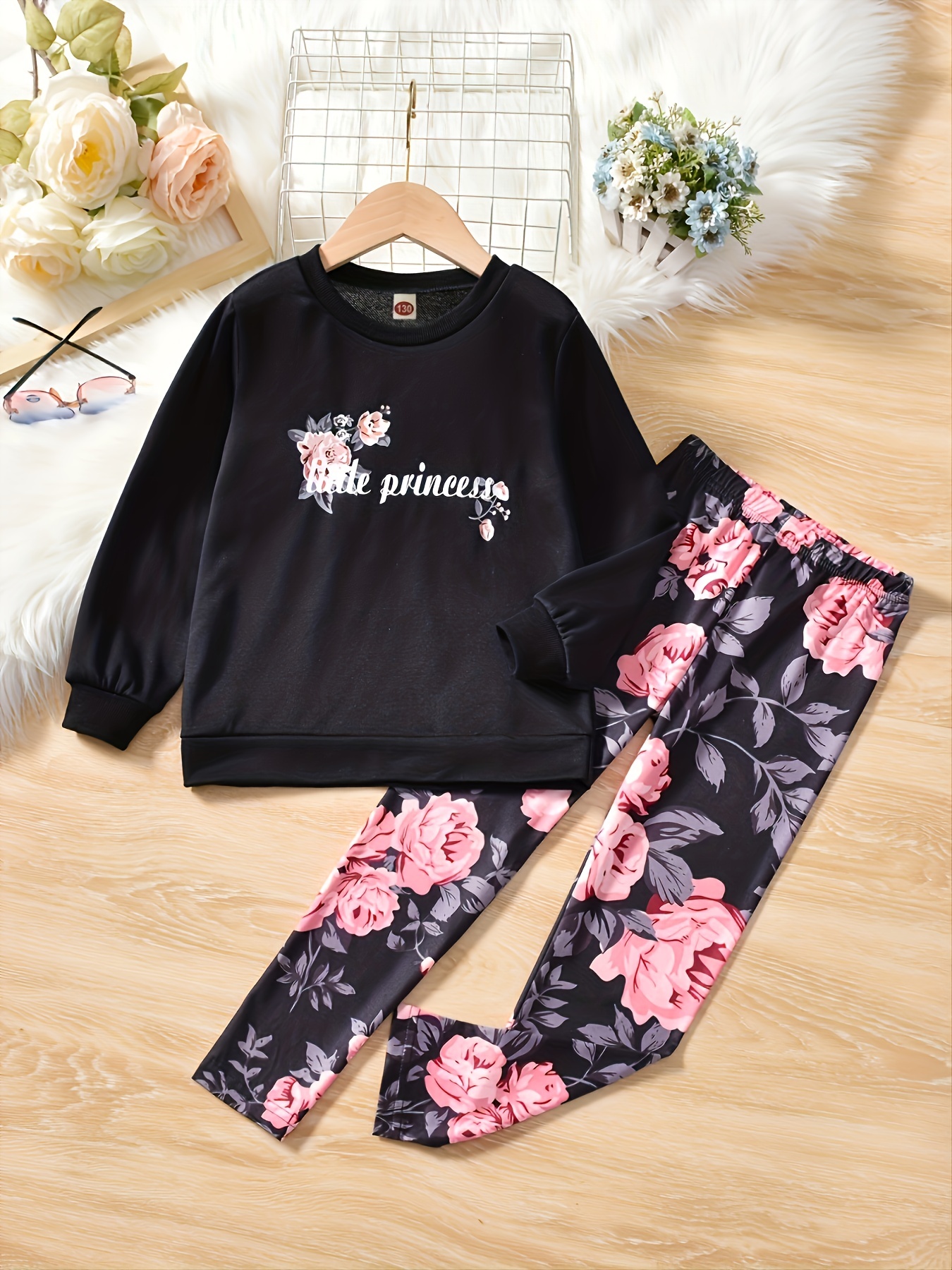 Girl's Floral Pattern Sweatshirt Leggings Set Little - Temu