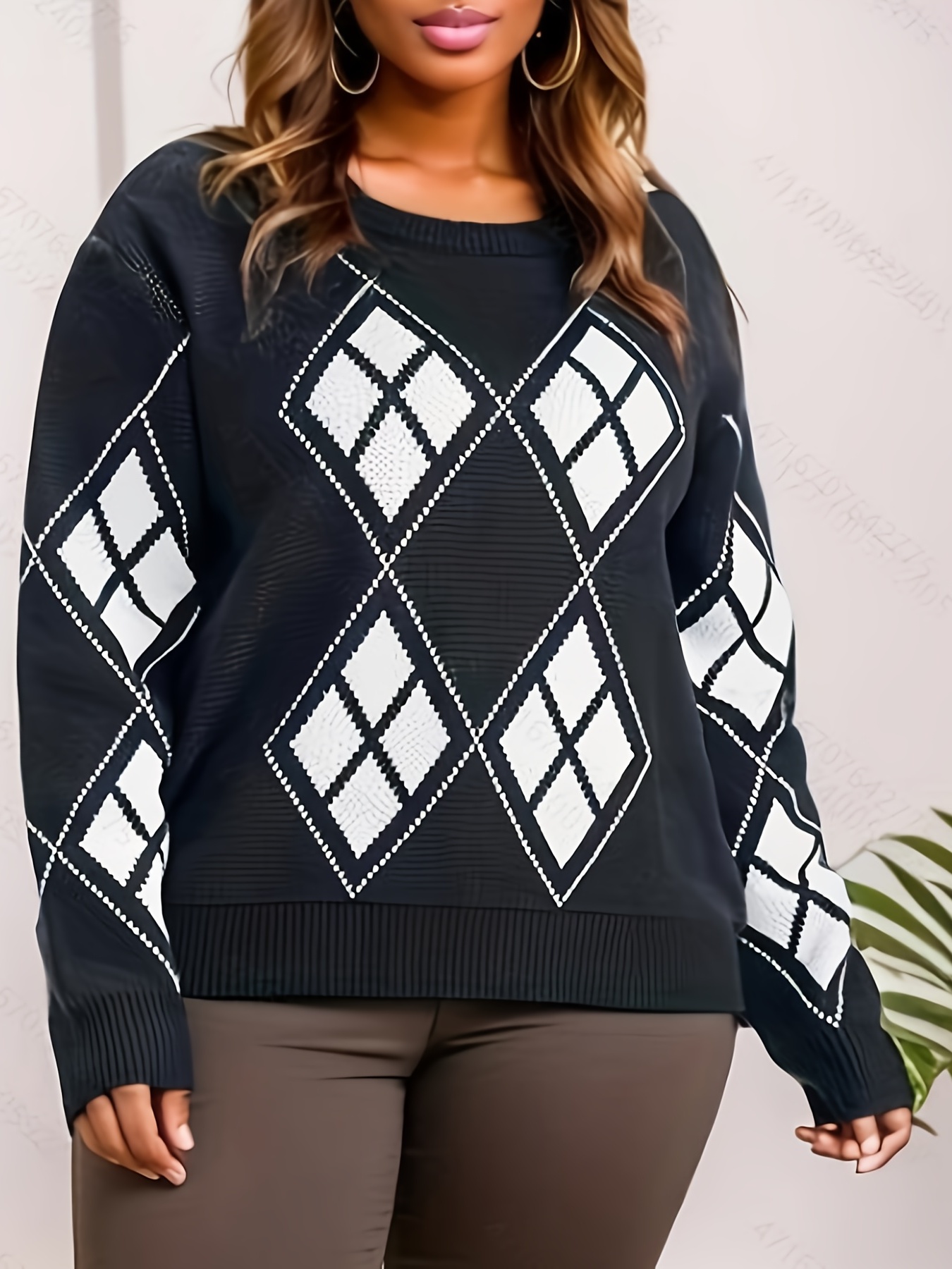 Ellos Women's Plus Size V-Neck Argyle Sweater Pullover - S, Slate Hot Pink