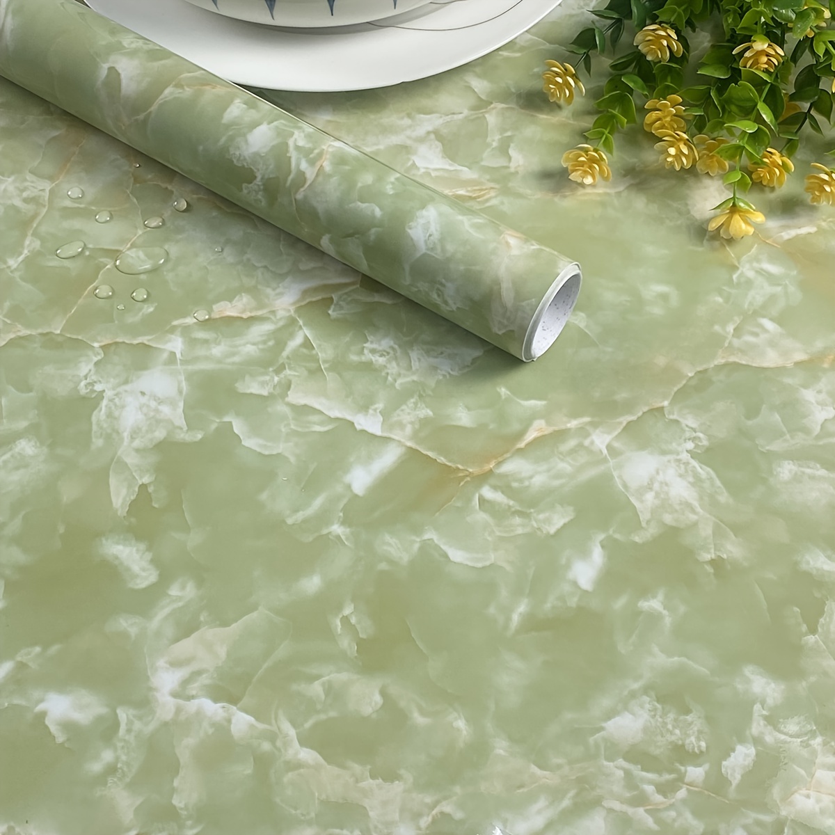 1 Rollo de papel pintado autoadhesivo, textura de mármol verde vintage,  papel de contacto brillante, pelar y pegar, papel pintado impermeable y