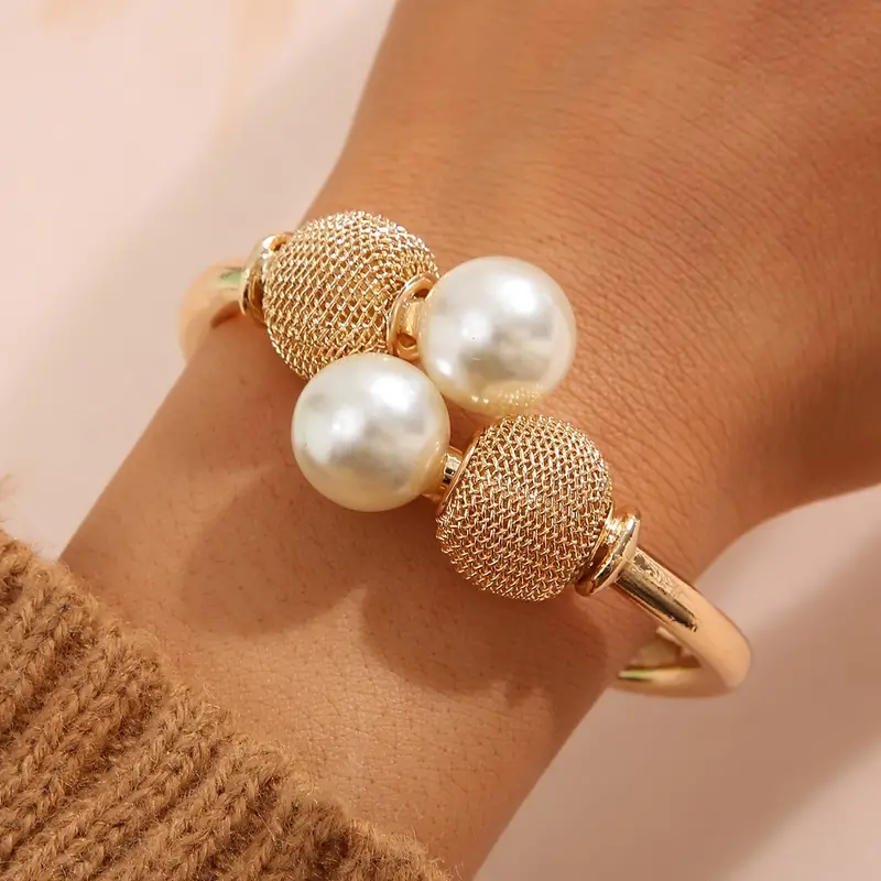 exaggerated alloy open bangle bracelet with large faux pearls temperament hand jewelry for women girls details 1