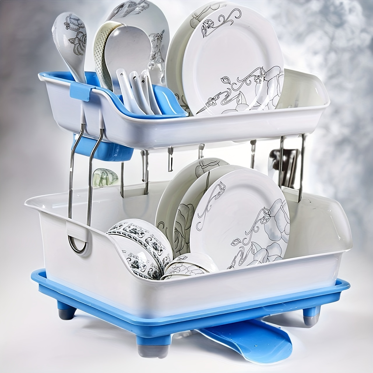 2-Tier Dish Rack with Cup Utensil Holder Cutting Board Knife