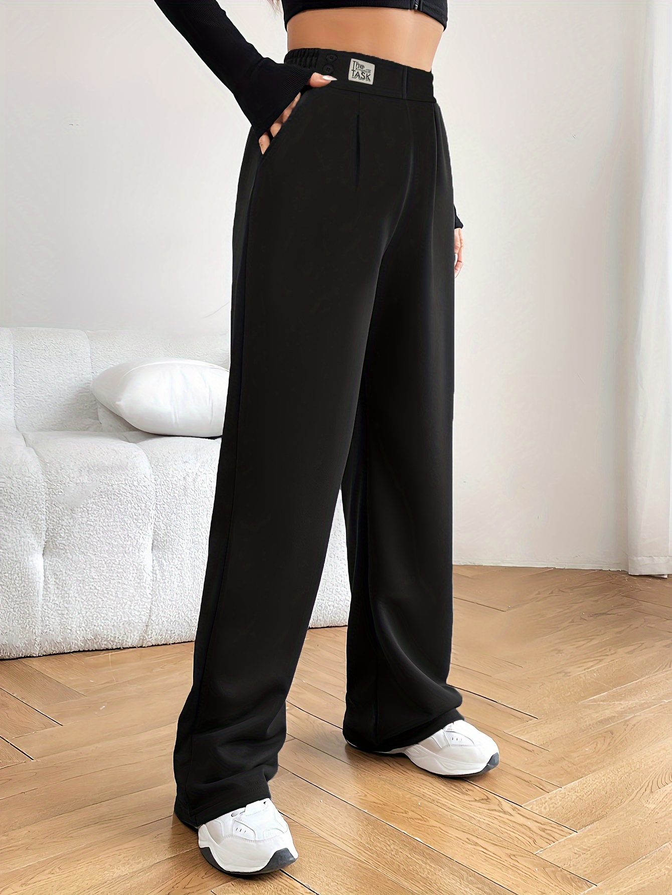 Plus Size Sports Pants Women's Plus Plain High Waist Black - Temu
