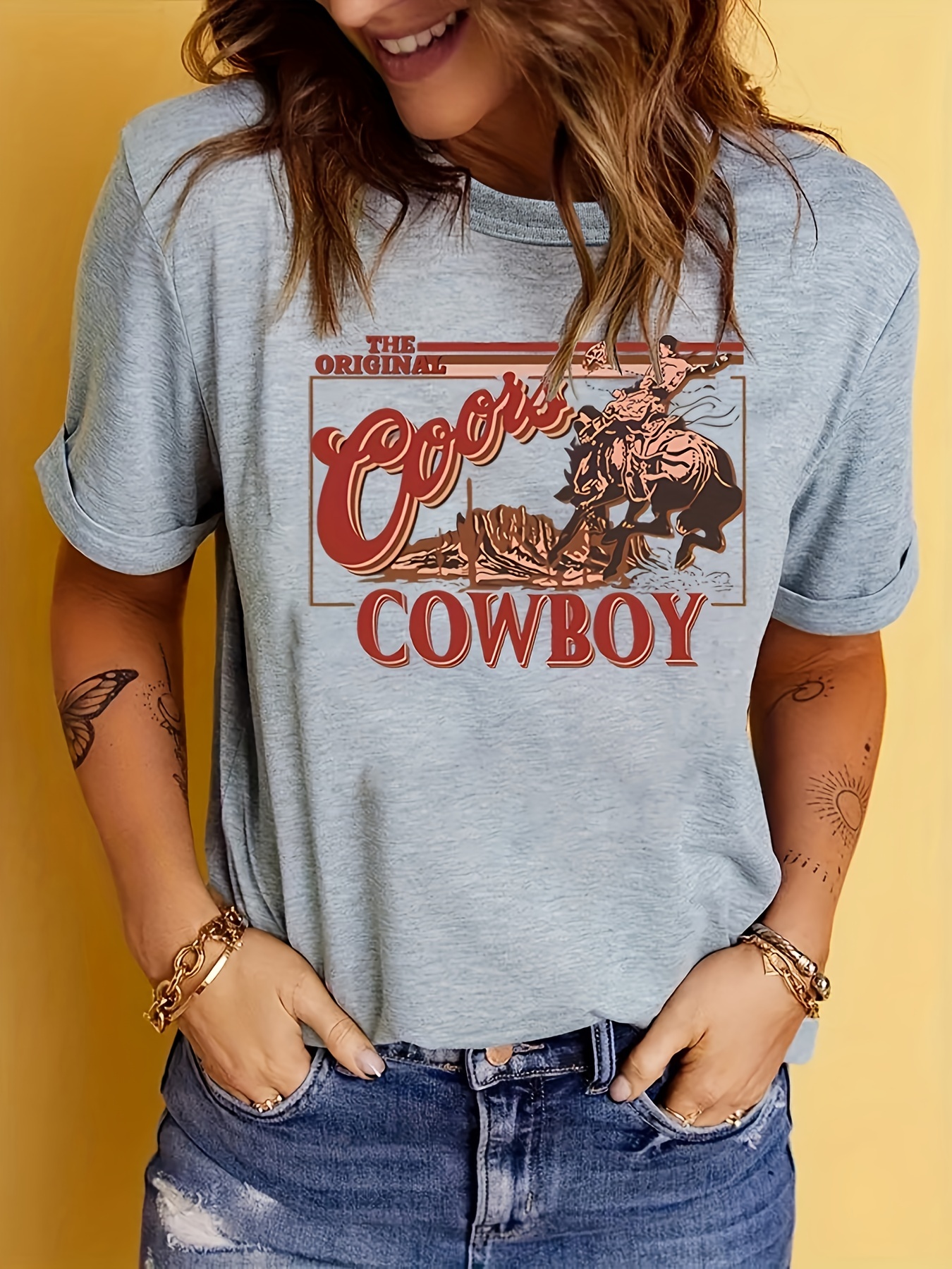 Long Live Cowboys Print Vintage T-shirt, Crew Neck Long Sleeve Stylish T- shirt, Women's Clothing - Temu