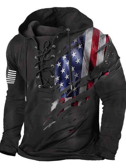 Retro Flag Print Hoodie, Cool Lace Up Hoodies For Men, Men's Casual Graphic Design Hooded Sweatshirt Streetwear For Winter Fall, As Gifts