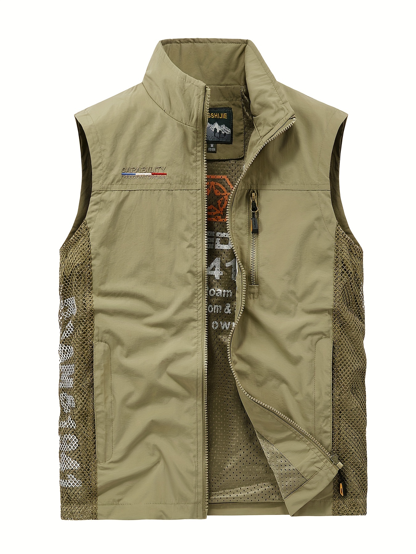 zipper pockets cargo vest mens casual outwear stand collar zip up vest for outdoor fishing photography