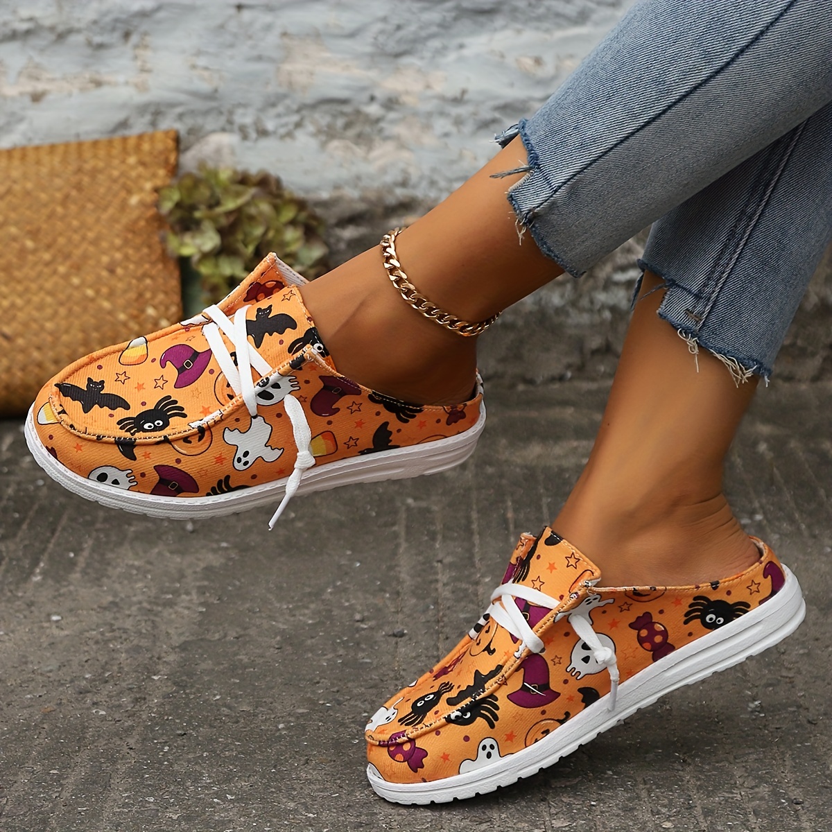 Womens Shoes for Halloween Costume, Fashion Pumpkin Print Canvas Grid  Flatform Padel Shoe Slip-On Loafers Autumn Comfortable Walking Sneakers
