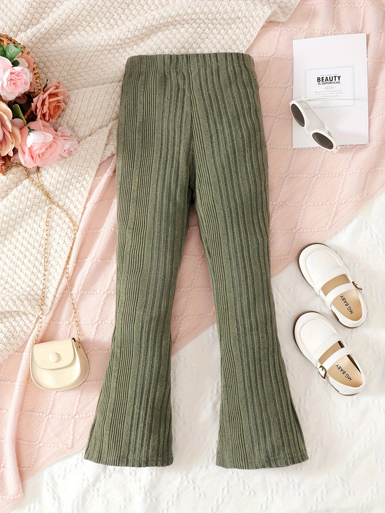 Solid Rib Knit Flare Leg Pants Casual Elastic Waist Comfy - Temu