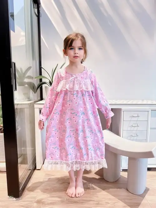 Girls Floral Nightdress Long Sleeve Button Nightgowns - Temu Canada