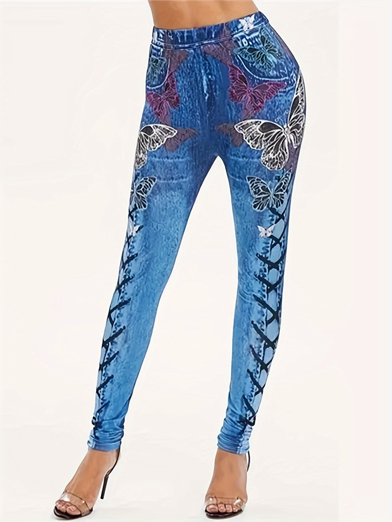 Plus Size Butterfly Denim Print High Lggings Women's - Temu