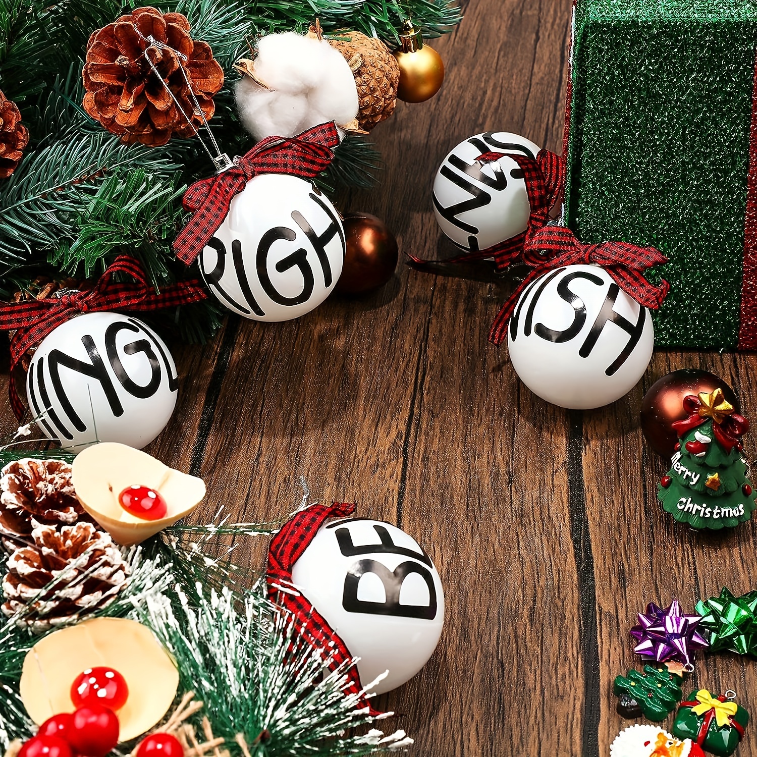 Christmas Ornaments - Xmas Tree Decorations - Set of 12 Shatterproof Bulbs  with Buffalo Plaid Bows - White Holiday Balls Rustic Farmhouse Decor