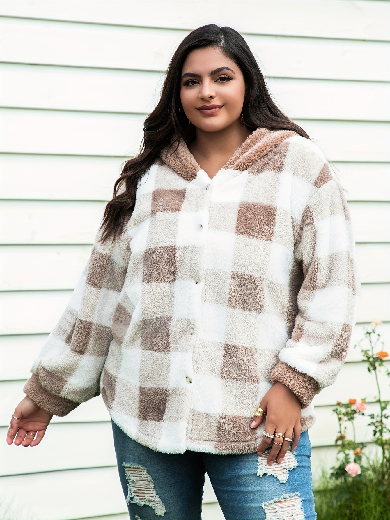 Plus Size Casual Coat Women s Plus Plaid Print Teddy Fleece Long Sleeve Button Up Hoodie Coat