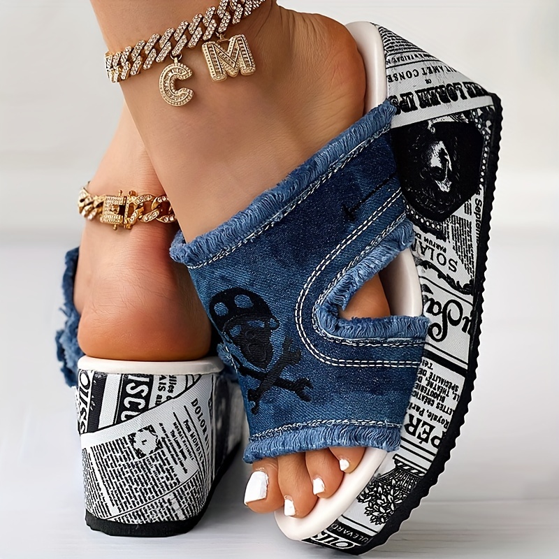 womens tassel denim letter design sandals slip on open toe wedges heel shoes casual summer shoes details 1