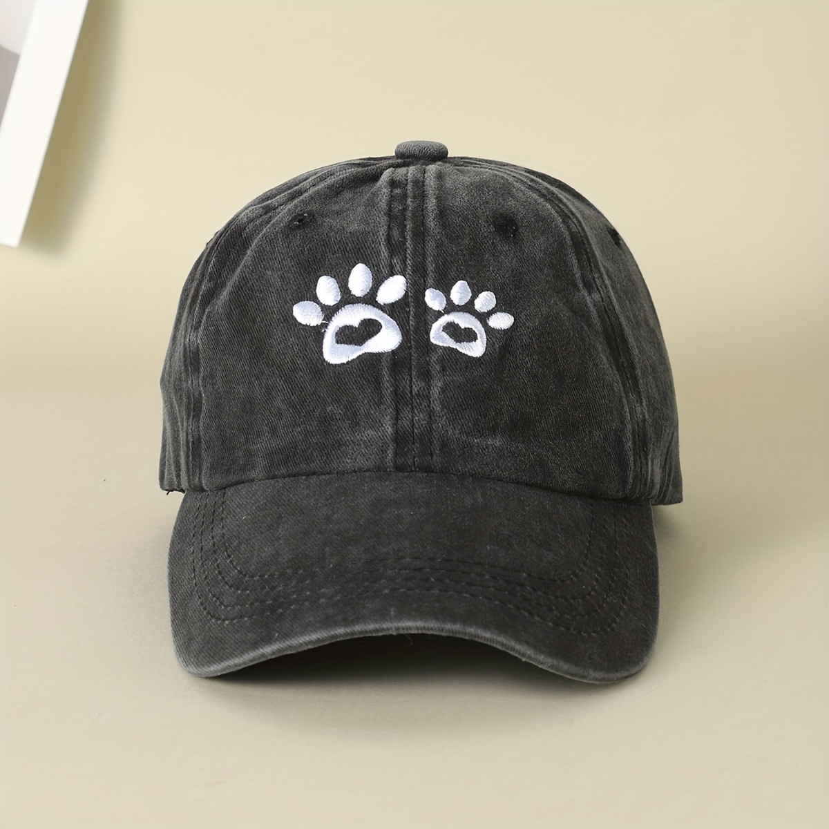 

Paw Print Embroidery Baseball Cap Gray Washed Distressed Dad Hats Lightweight Adjustable Sun Hat