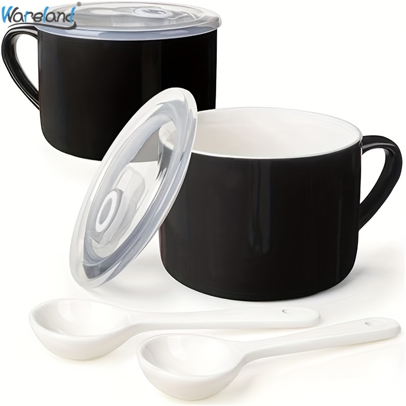 Wareland Soup Bowls with Handles & Spoons, 30oz Ceramic Ramen Bowl with Lid, Large Soup Mugs/Cups for Instant Noodle, Big Cereal Bowls for Oatmeal