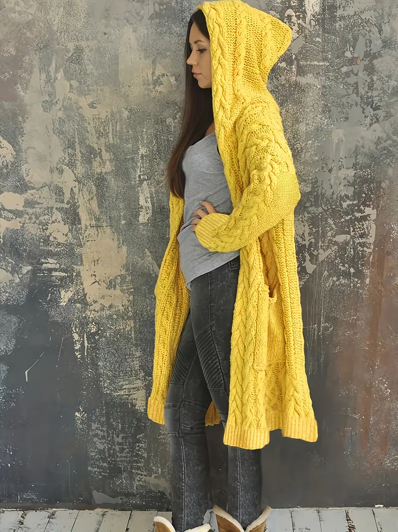 Chunky Knit Hooded Cardigan Solid Long Open Front Sweater - Temu