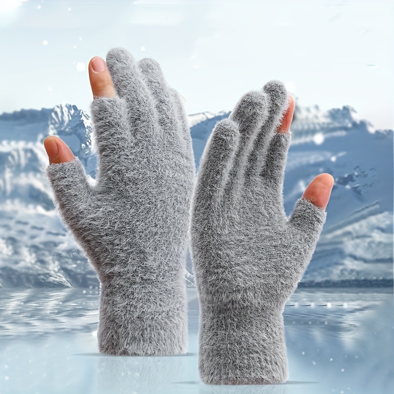 

Open Fingers Plush Gloves Solid Color Plus Velvet Thickened Warm Gloves Convenient Touch Screen Gloves Women's Winter Coldproof Writing Gloves