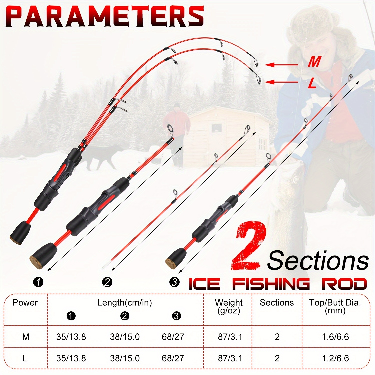 Sougayilang 1pc M/L Ice Fishing Rod, 2 Sections Ultralight Fishing Pole,  Portable Ice Fishing Rod With EVA Handle For Freshwater Winter Travelling  Fis