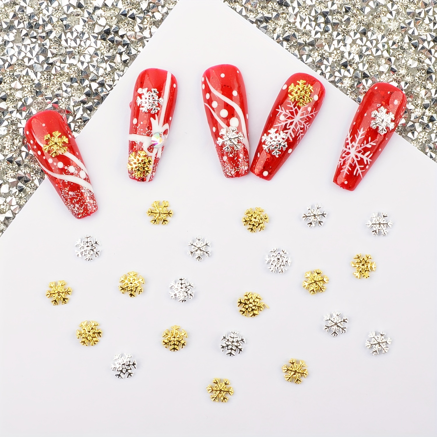 1 Jars Metal Snowflake Nail Art Charms Christmas Gift 3D Alloy Snow Flakes Nail  Jewelry 3 Styles Gold&White Nail Decorations #J3