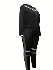 plus size sporty outfits set womens plus stripe print long sleeve hooded drawstring zipper coat leggings outfits two piece set details 3
