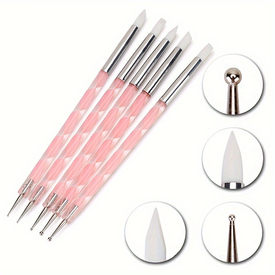 

5pcs 2 Way Nail Art Acrylic Silicone Point Flower Nail Pen Stainless Steel Dotting Tools Marbleizing Painting Pens