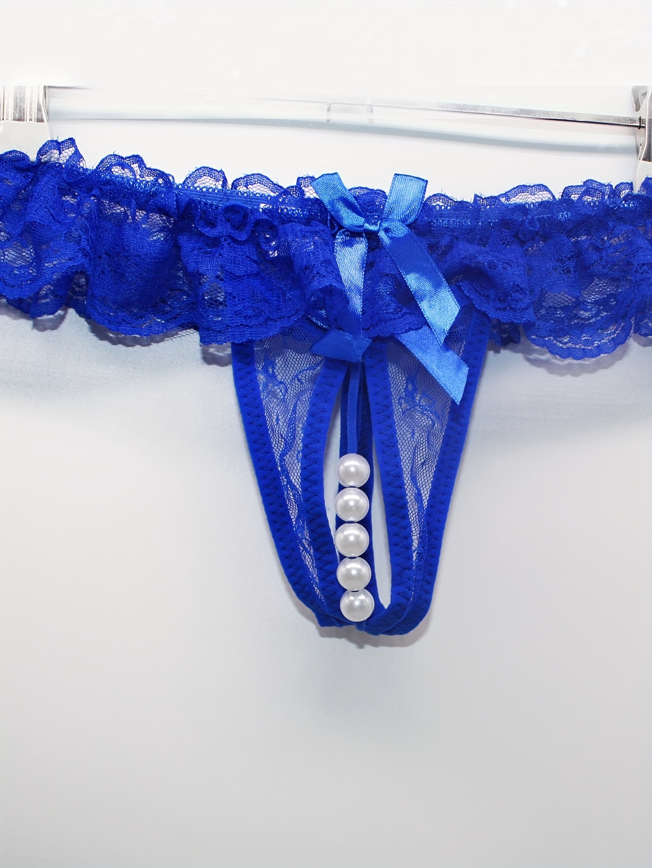 Blue Mesh & Lace With Satin Bow Thong - Knickers  