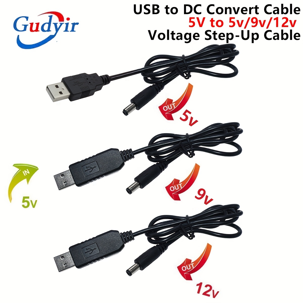 USB Power Boost- Line Step Up Module Cable USB 5V to DC 9v 12v 5.5x2.1mm  Connector Converter DC3.5x1.35mm Adapter Plug- 