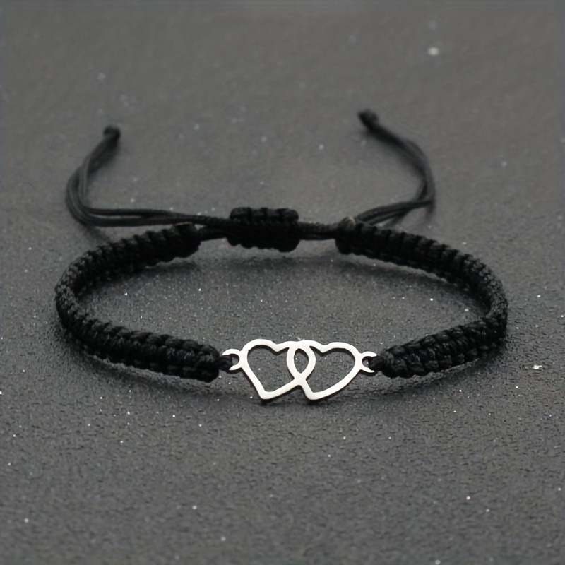 

1pc Handmade Composition Adjustable Rope Bracelet Stainless Steel Love Heart Bracelet For Men And Women Couple Gift