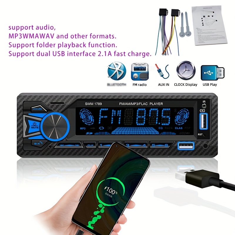 PolarLander Radio de coche 1 DIN 12V FM MP3 Bluetooth Autoradio Bluetooth  manos libres llamada en el tablero estéreo de coche incorporado con dos