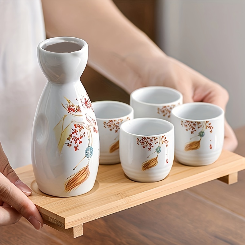 Set, Set Di Sake Giapponese, Tra Cui 1 Bottiglia Tokkuri E 4 Tazze Ochoko,  Set Di Sake In Ceramica Con Motivo Floreale O Di Bambù, Bicchieri Estivi