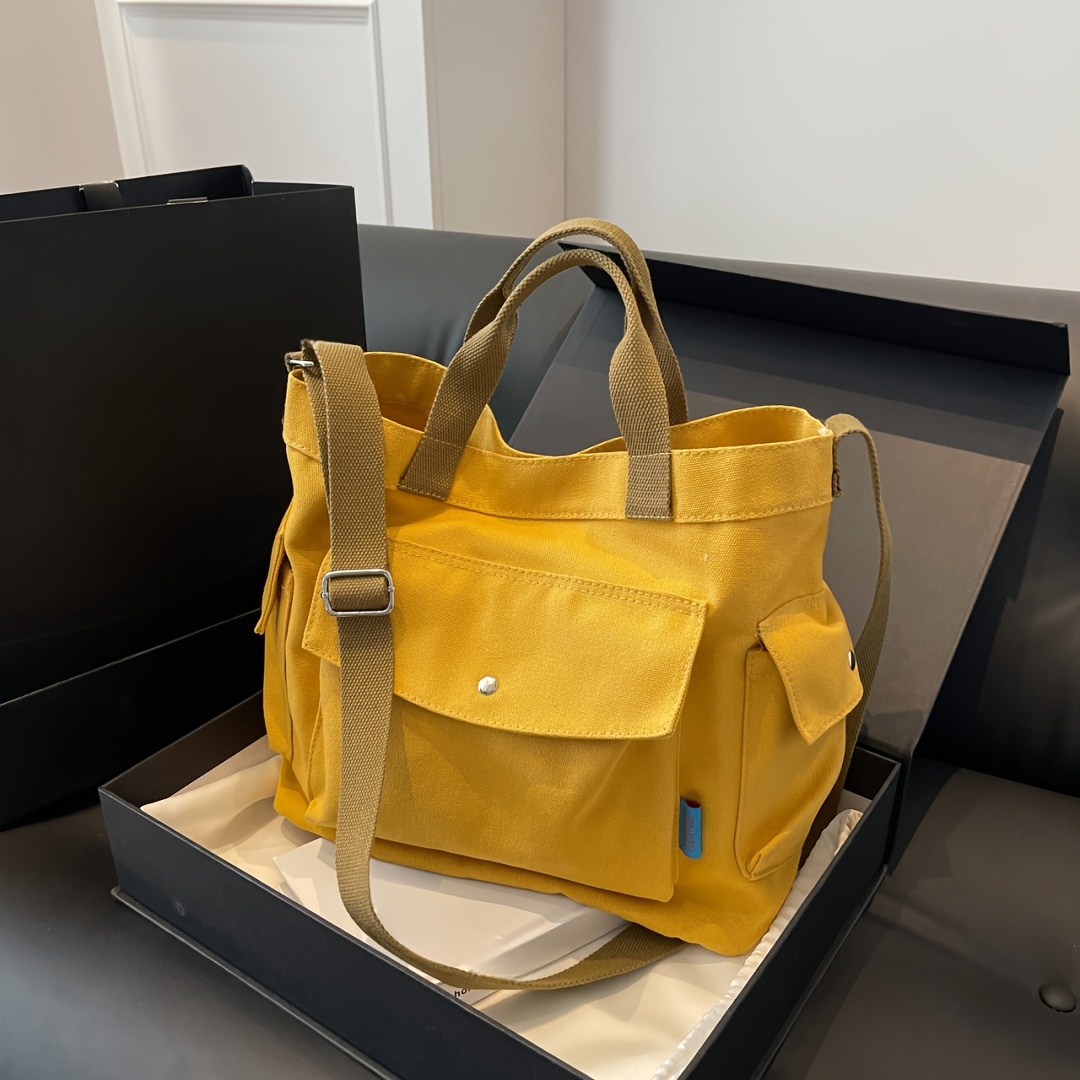 

Solid Color Canvas Tote Bag, Multi Pockets Crossbody Bag, Simple Shoulder Bag For School, Travel, Shopping