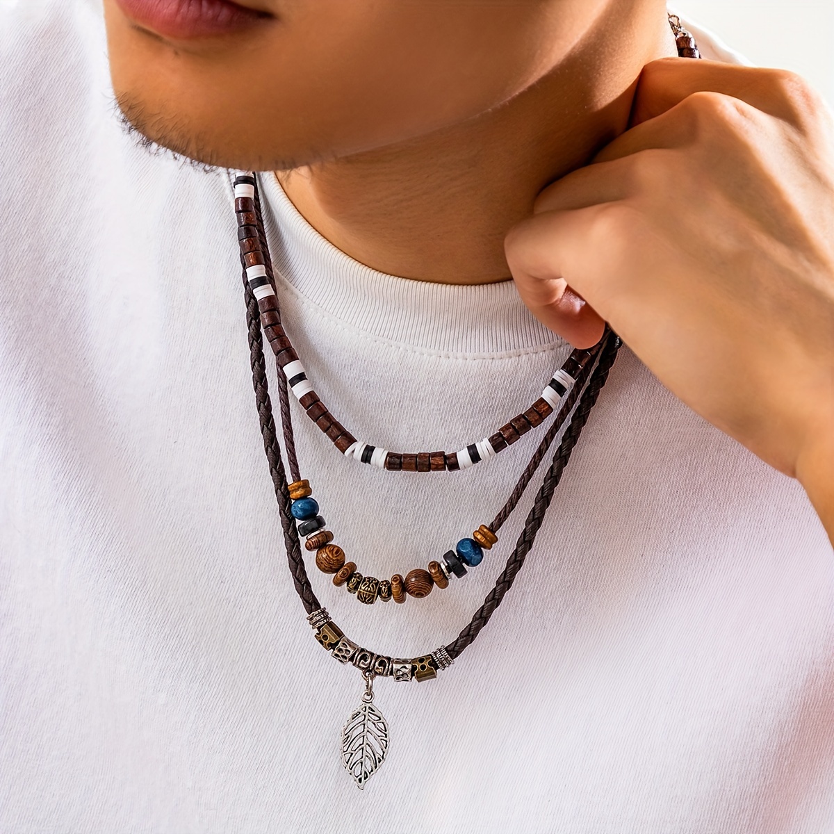 

2pcs/set, Men's Jewelry Woven Pu Wood Beads Soft Clay Necklace, Leaf Pendant, Versatile Beaded Accessories