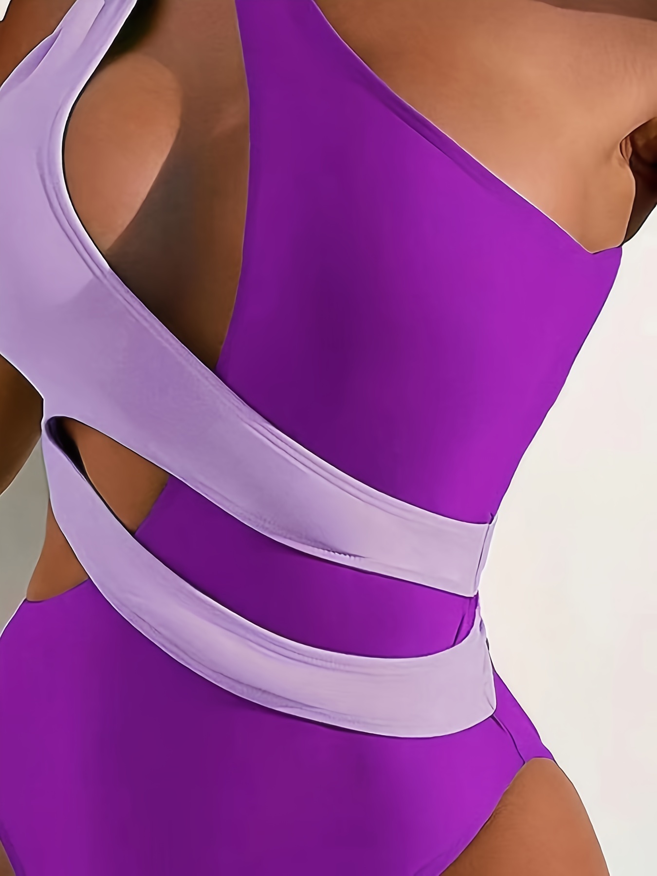 Purple Color Block Cut Out One Shoulder One-piece Swimsuit, Asymmetric Tie  Shoulder High Cut Stretchy Bathing Suits, Women's Swimwear & Clothing