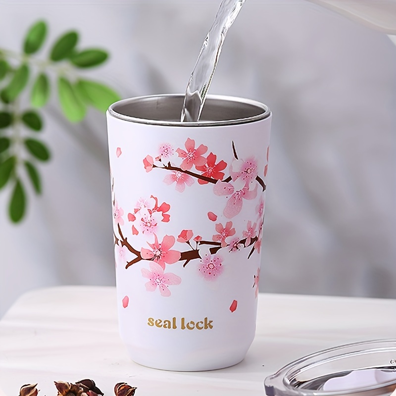 1Pc Plastic Cherry Blossom Cup with Lid and Straw Reusable Iced